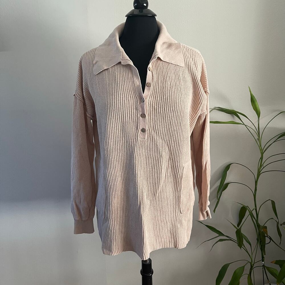 Free People Tan Beach Picnic Sweater Ribbed Linen Cotton Pullover Small